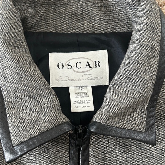 Oscar de la Renta Gray Wool Zip Front Jacket w/ Black Leather Trim *Size 12** 🌺🌺 - Picture 6 of 7